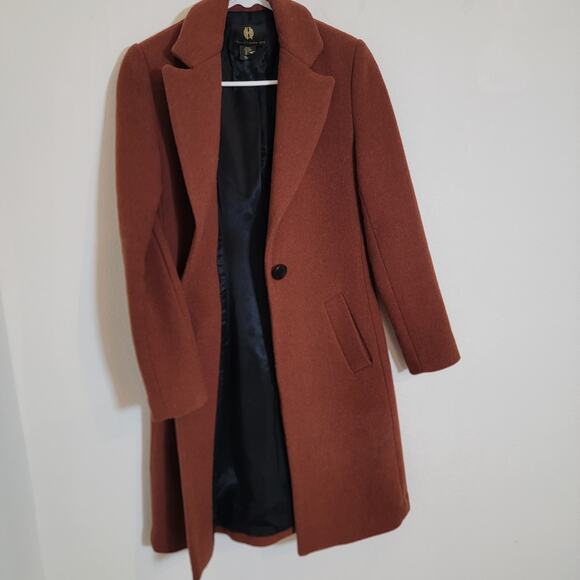 House Of Harlow 1960 Burnt Brown Wool Blend Long Peacoat XS Winter Travel Work - Picture 3 of 16